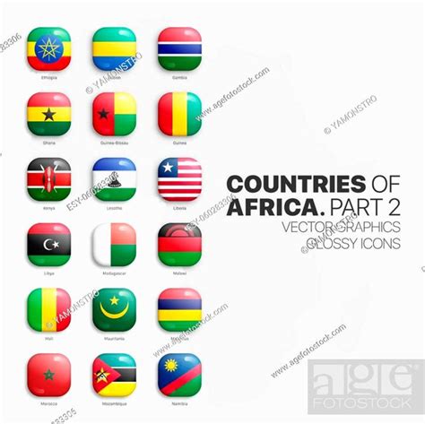 African Countries Flags Vector 3d Glossy Icons Set Isolated On White