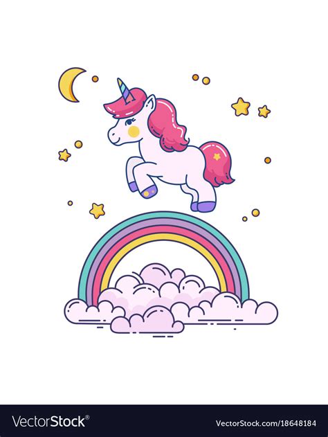 Flat With Cute Unicorn And Rainbow Royalty Free Vector Image