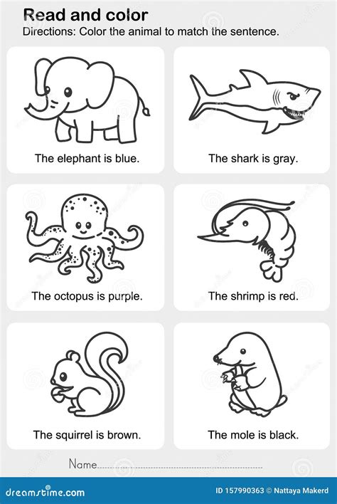 Read And Color Color The Animal To Match The Sentence Stock Vector
