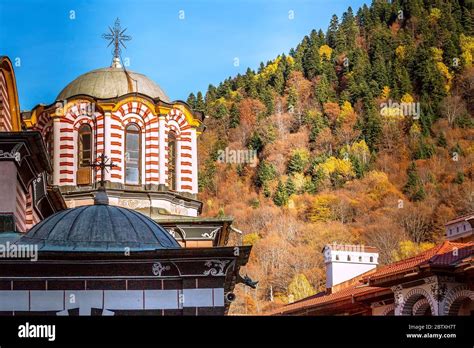 Rila Monastery Bulgaria Church Dome And Cross Close Up And Autumn