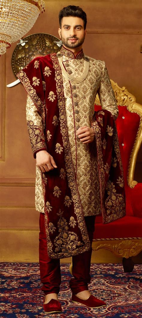 Banarasi Silk Sherwani In Gold With Zari Work Wedding Dresses Men