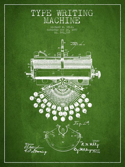 Type Writing Machine Patent Drawing From 1897 Green Digital Art By