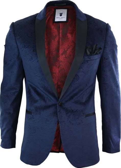 Marc Darcy Mens Velvet Paisley Blue Black Blazer Tuxedo Dinner Jacket