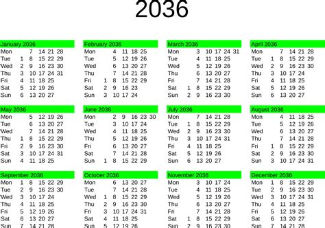 Año 2036 Calendario En Inglés 24310413 Vector En Vecteezy