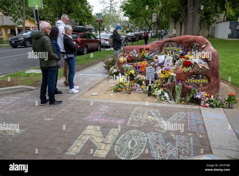 Davis, CA, USA. 1st May, 2023. People view a memorial set up at the