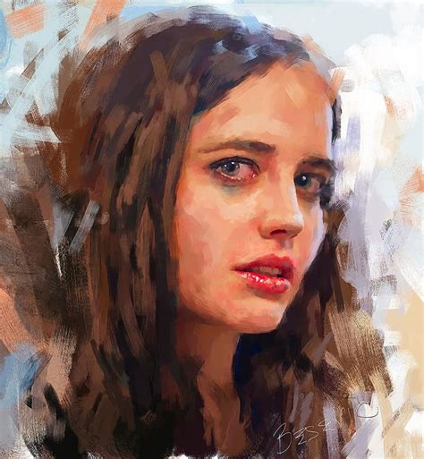 A Digital Painting Of A Woman S Face With Long Brown Hair And Blue Eyes