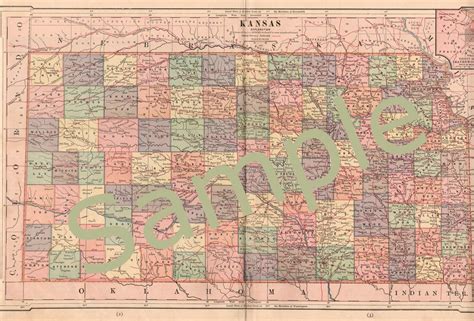 Antique Printable 1880s Color Map Of Kansas Instant Digital Download