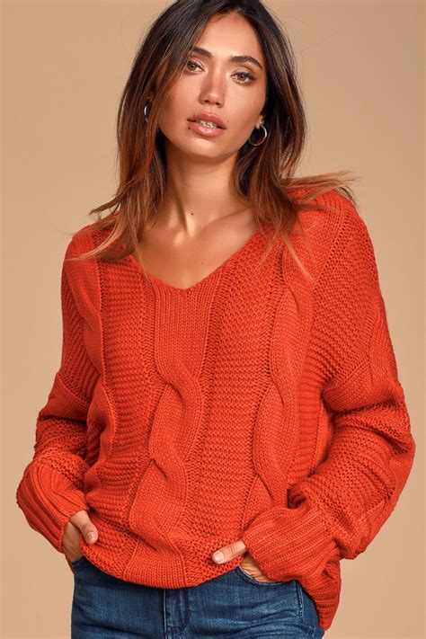 Red Orange Sweater Cable Knit Sweater Cozy Knit Sweater Top Lulus