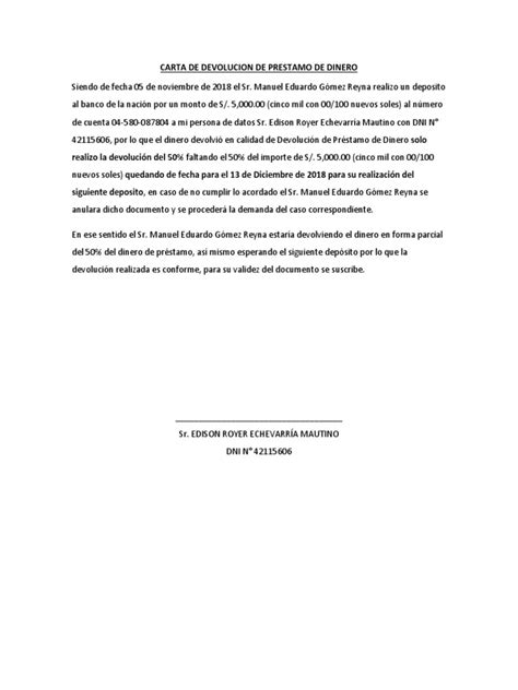 Carta De Devolucion De Prestamo De Dinero Pdf