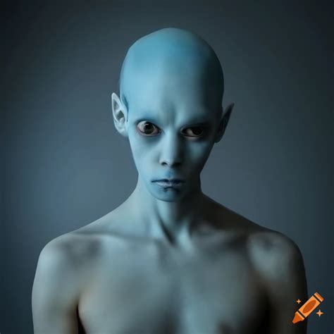 Portrait Of A Pale Blue Skinned Humanoid Alien With Pointed Ears And