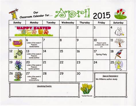 Working And Learning In Kindergarten April Calendar
