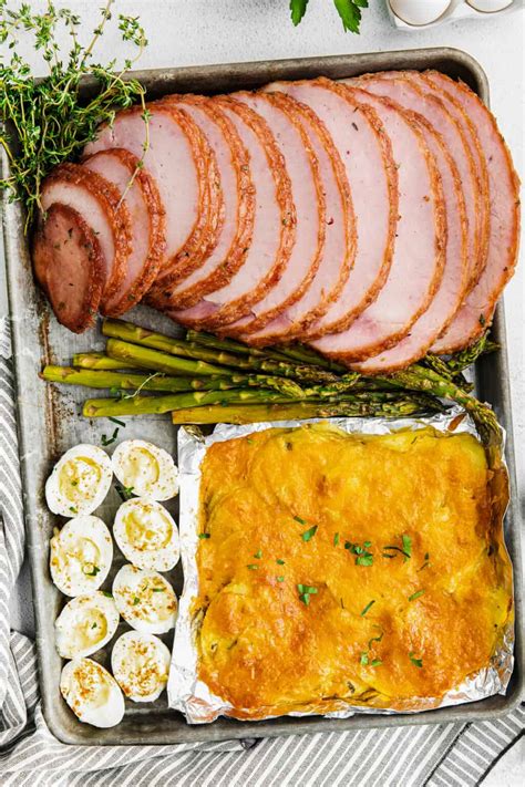 Sheet Pan Easter Dinner with Ham, Scalloped Potatoes, Asparagus, and Deviled Eggs — Recipes