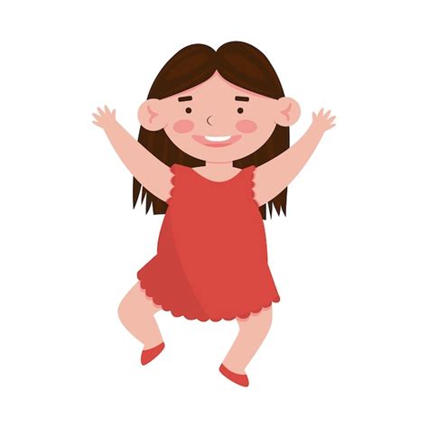 premium vector cute little smiling girl in the red dress jumping cartoon vector illustration