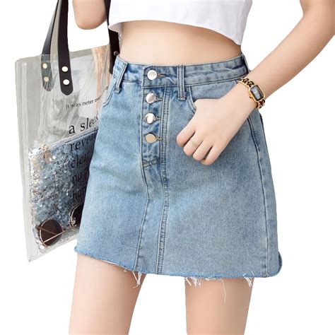 Summer Single Breasted Women Denim Skirt Pockets Sexy A Line High Waist Jeans Skirts High Street