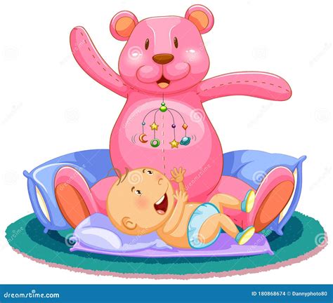 Scene With Baby Sleeping In Bed With Giant Teddy Bear Stock Vector