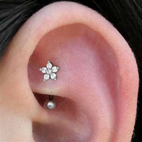 Flower Rook Piercing Jewelry Earrings Curved Barbell Stud W Crystal