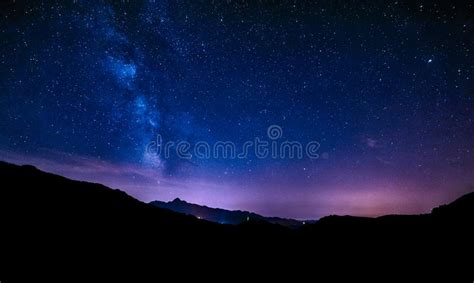 Night Sky Stars Milky Way Blue Purple Sky Starry Night Stock Photo
