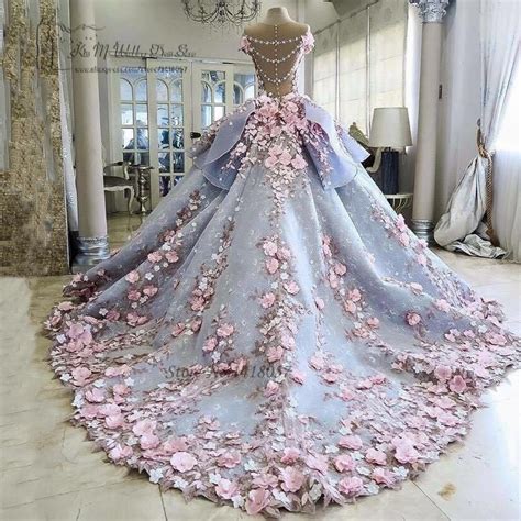 Colorful Luxury Wedding Dresses Pink Flowers Dreamy Ball Gown Wedding