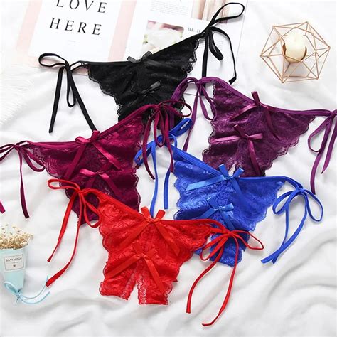 Hot Women Sexy Lingerie Erotic Thong Open Crotch Panties Lace Bow T Back Underwear