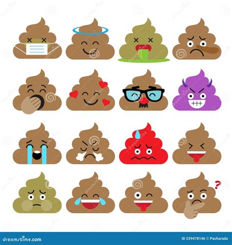 Set Of Cute Poop Emoticons Emoji Flat Design Vector Illustration