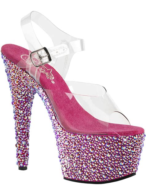 Pleaser Womens Pink High Heels Platform Sandals Open Toe Shoes Rhinestones 7 Inch Heels