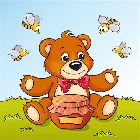 Cartoon Cute Bear With Honey And Bees Stock Vector Illustration Of