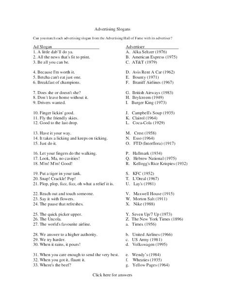 Advertising Slogans Worksheet for 11th - 12th Grade | Lesson Planet