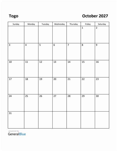 Free Printable October 2027 Calendar For Togo
