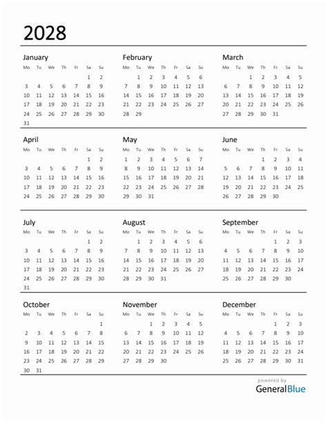 2028 Yearly Calendar Templates With Monday Start
