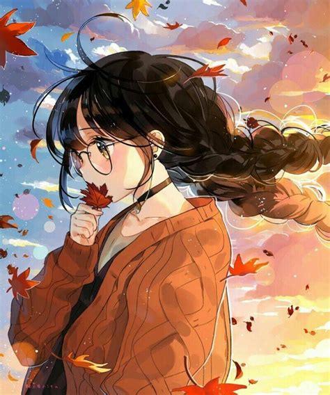 Autum Wind Sunset Glasses Brown Hair Cute Kawaii Anime Anime Art Girl Anime Art