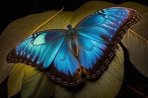 Una Mariposa Morfo Azul Se Sienta En Una Hoja Foto Premium