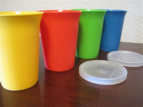 The largest measures 8 1/2 tall lidded, the medium is 6 3/4 tall. Kids Bell Tumblers Primary Colors Vintage Tupperware Cups ...