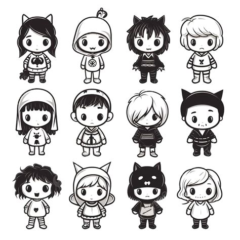 Set Of Cute Vector Black And White Halloween Characters Children In