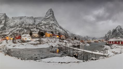 Image Lofoten Norway Reine Bridge Winter Mountain Snow Bay 1920x1080