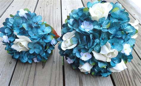 The most common teal silk flowers material is cotton. Hydrangea bridal bouquet set, teal hydrangea and white ...