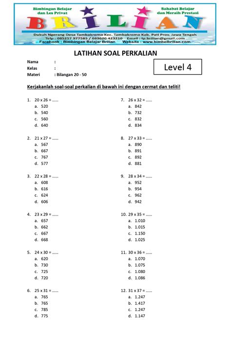 Soal Perkalian Kelas 4 SD Level 4 Bilangan 20 50 Bimbel Brilian