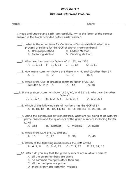 Worksheet 7 Gcf And Lcm Word Problem Pdf Numbers Teaching