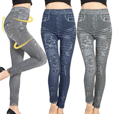 Buy Fashion Slim Women Leggings Faux Denim Jeans Leggings Sexy Long Pocket