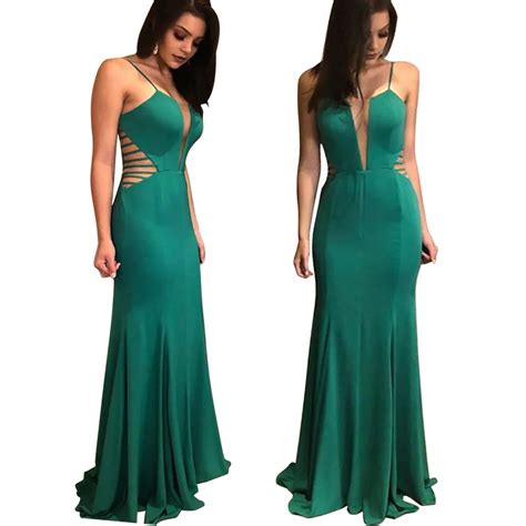Dark Green Mermaid Evening Elegant Dresses 2018 Deep V Slim Off The