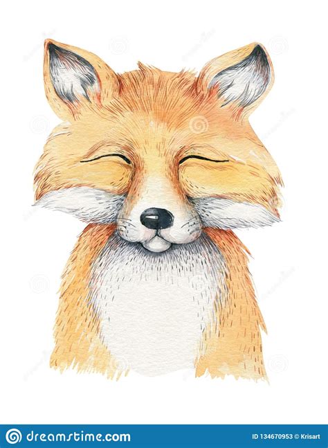 Watercolor Cartoon Isolated Cute Baby Fox Animal With