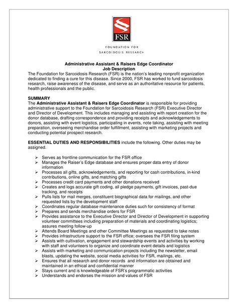 Administrative assistant job description, free pdf sample: Fsr admin raiser's edge coordinator job description 7-9-12