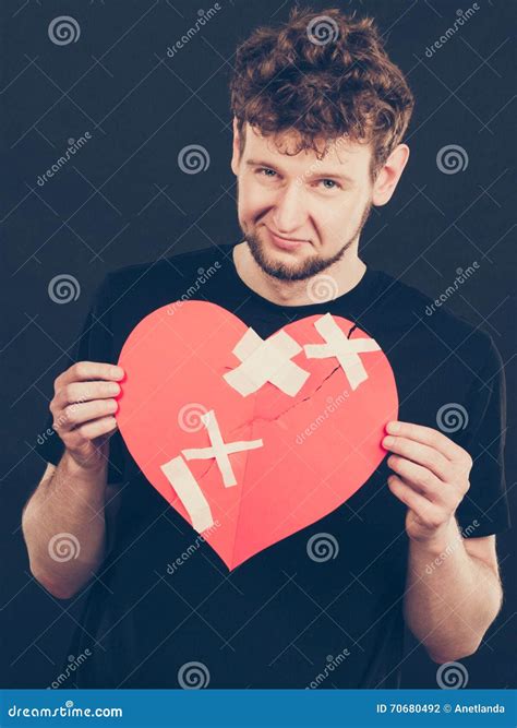Sad Man With Glued Heart By Plaster Stock Photo Image Of Feeling