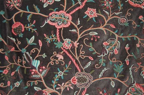 Velvet Crewel Embroidered Fabric Dark Brown Multicolor At Best Price