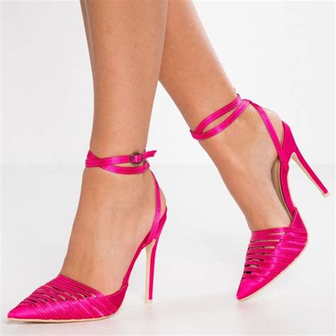 Hot Pink Satin Straps Stiletto Heels Sexy Pointy Toe Slingback Pumps For Work Formal Event