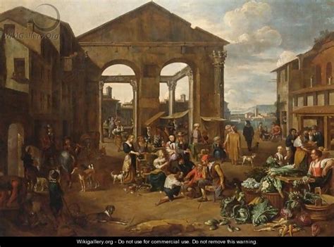 An Italianate Market Scene With Remnants Of A Roman Temple With A