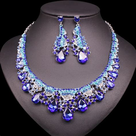 Luxury Blue Crystal Necklace Earrings Sets Silver Plated Bridal Wedding