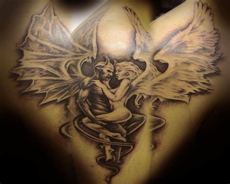Excellent Angel And Devil Demon With Wings Tattoo From