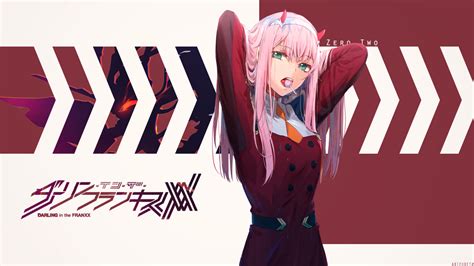 Wallpaper Zero Two Darling In The Franxx Anime Girls Arms Up Green