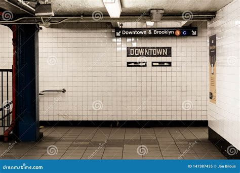 Downtown And Brooklyn Sign In A Subway Station In Manhattan New York