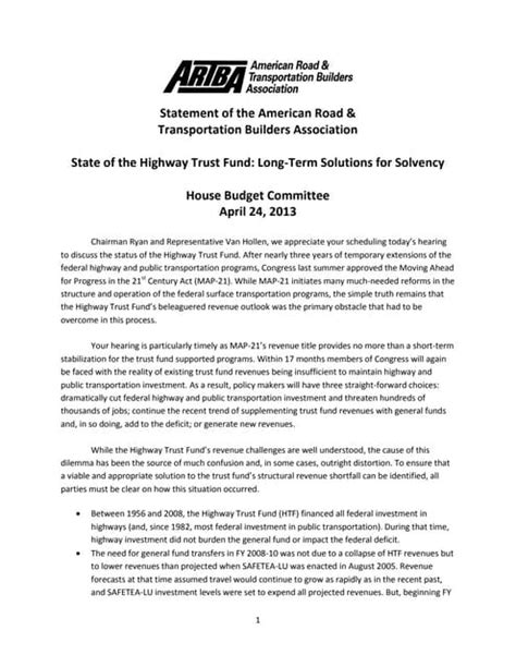 042413 State Of The Highway Trust Fund Long Term Solutions For